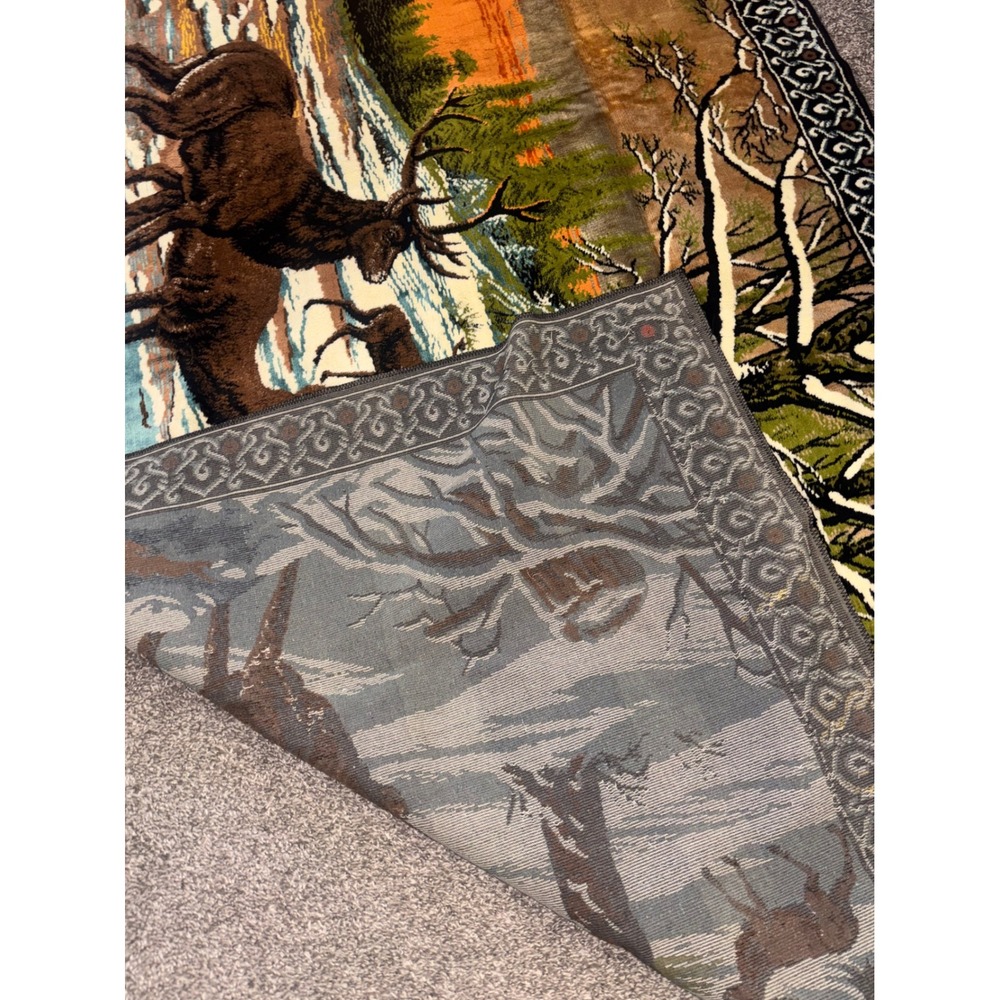 Vtg Velvet Deer Forest Winter Scene Wall Tapestry Hanging XL 75x50 Rustic Cabin - Picture 9 of 9